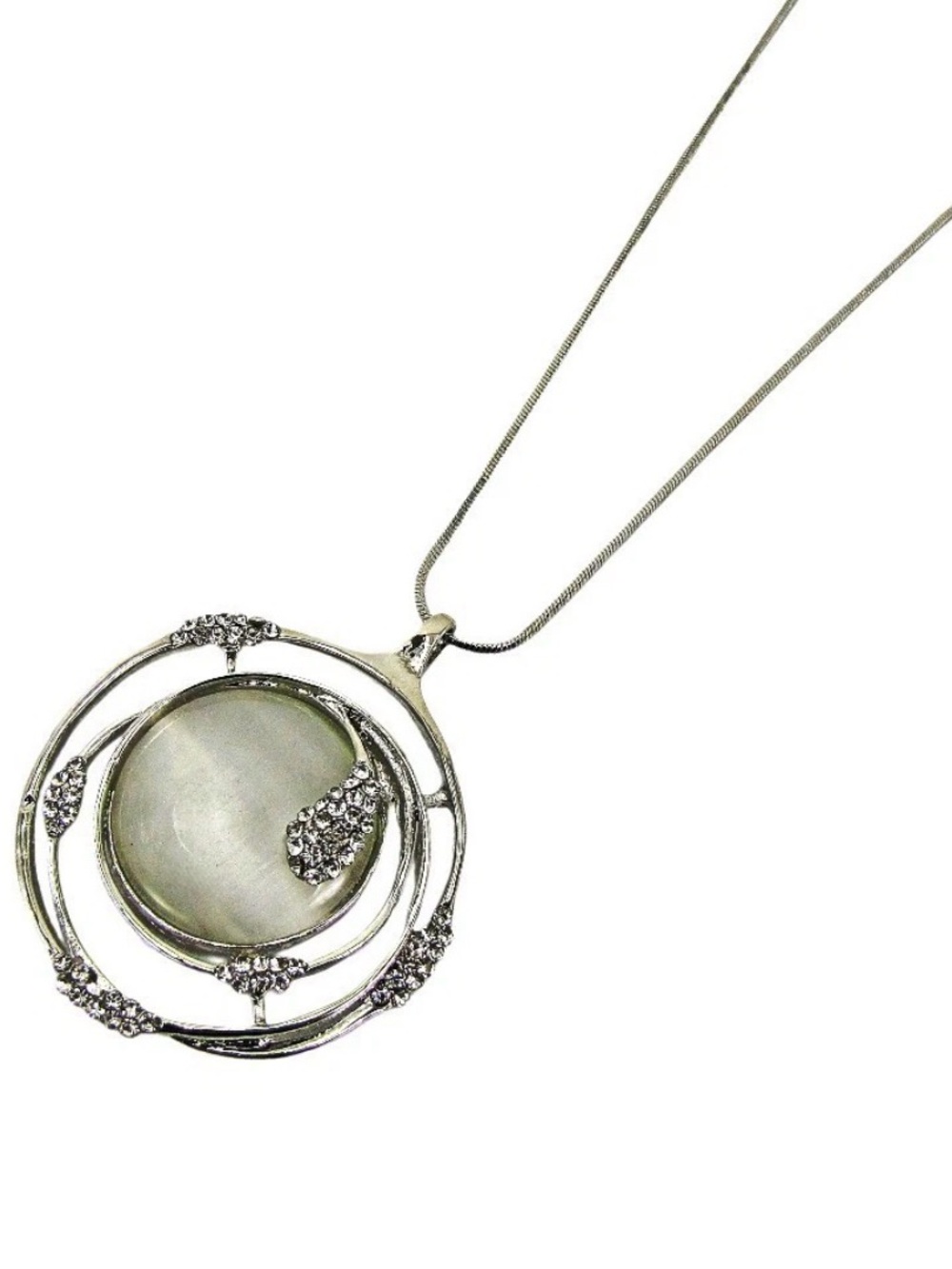 White Cat Eye Crystal Statement Pendant Necklace Silver Swirl Fashion Jewelry